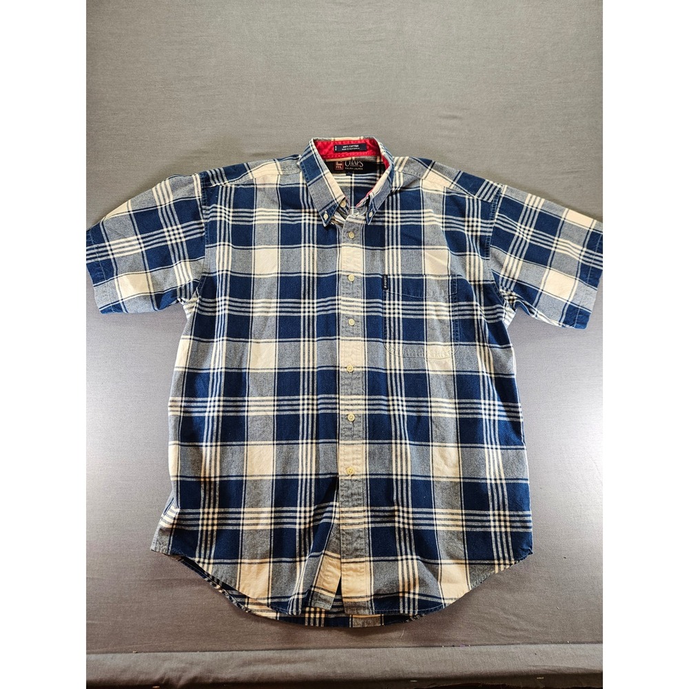 Chaps Ralph Lauren Mens Large Blue Cream Plaid Short Sleeve Button Down Shirt